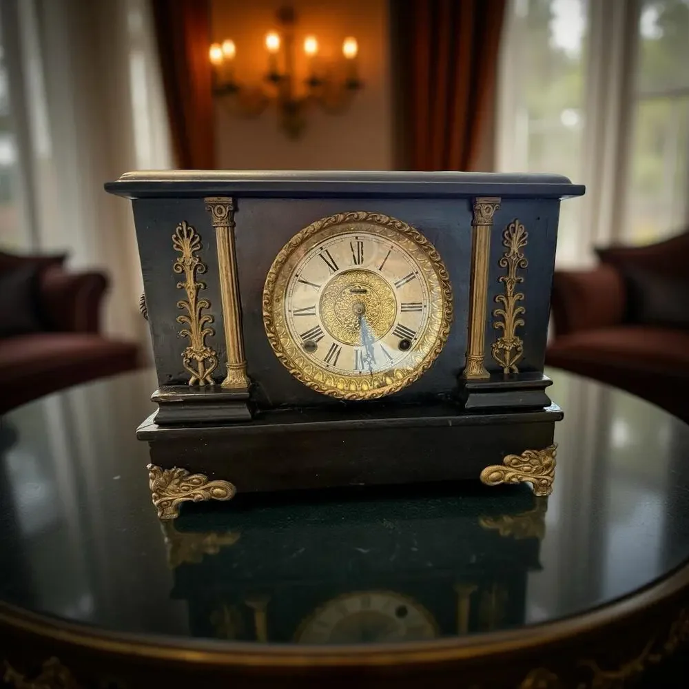 Searcy's Clockhouse Victorian Antique Wall Clock Black Gold Roman Numerals Wood